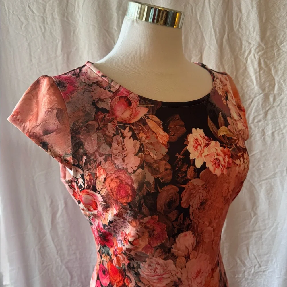 Pink Orange Sheath Midi Dress Cap Sleeves Floral Print Cocktail NWT M Sexy Chic